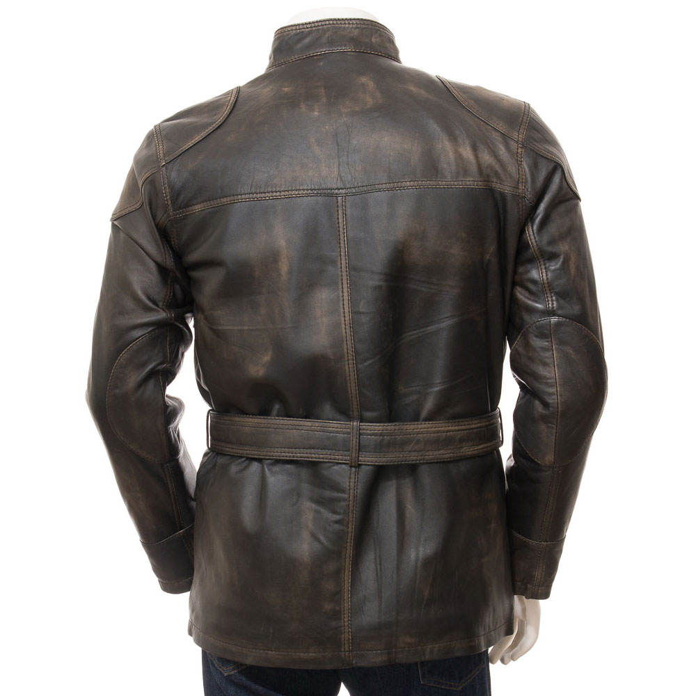 Men’s Distressed Leather Moto Field Jacket – Black/Brown