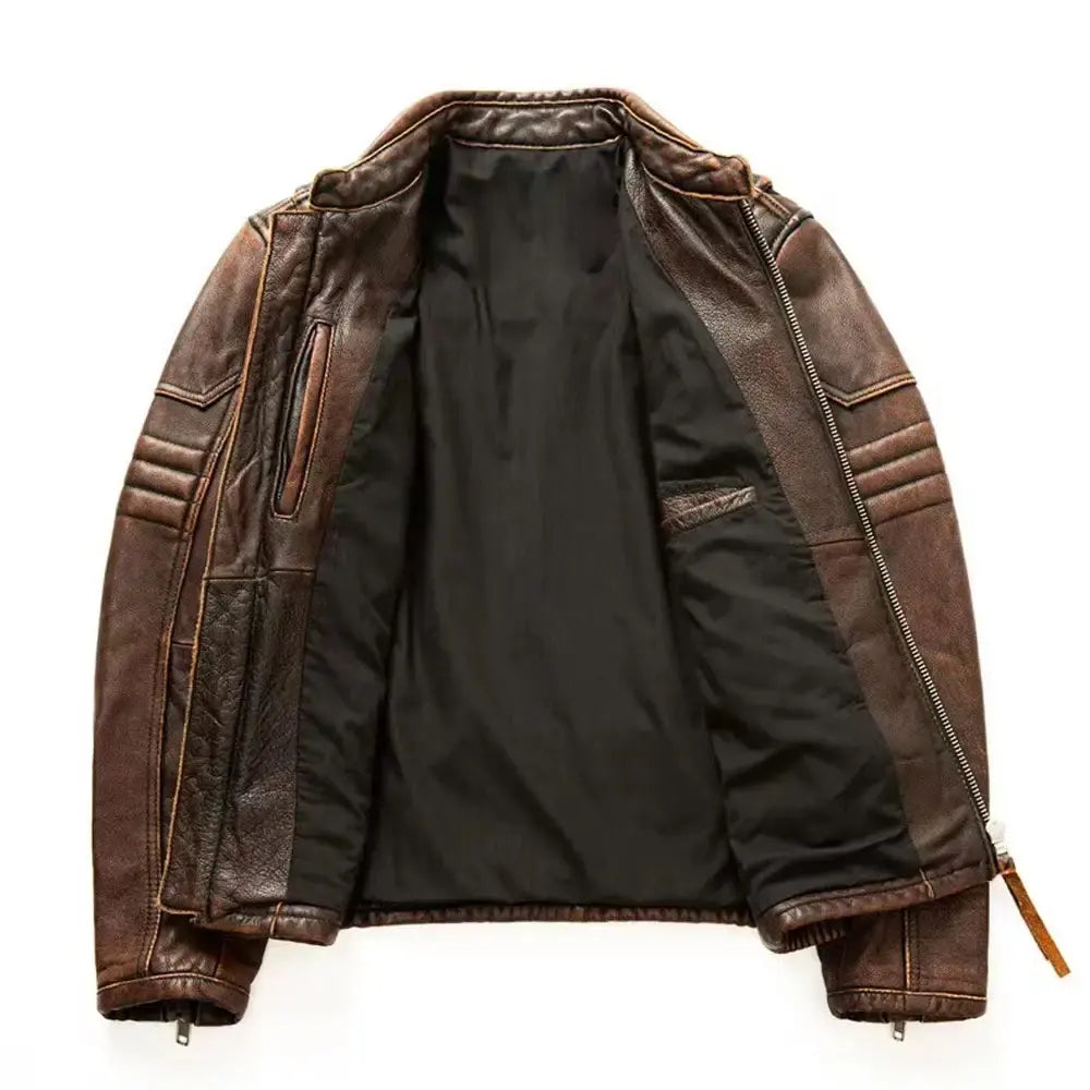 Men’s Distressed Brown Biker Leather Jacket – Slim Fit, Motorcycle Style