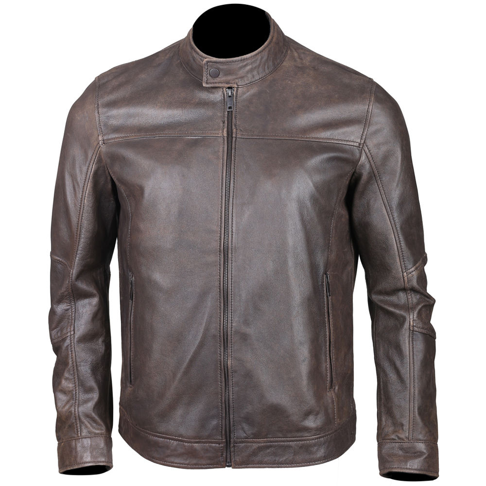 Men’s Classic Brown Cafe Racer Leather Jacket – Minimalist Motorcycle Style