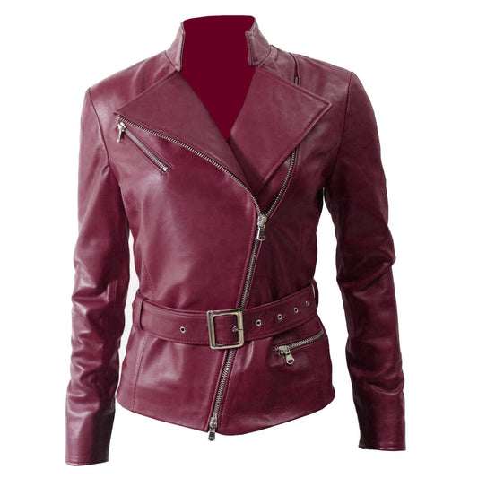 Women’s Burgundy Leather Moto Jacket with Belt - Chic & Stylish Outerwear