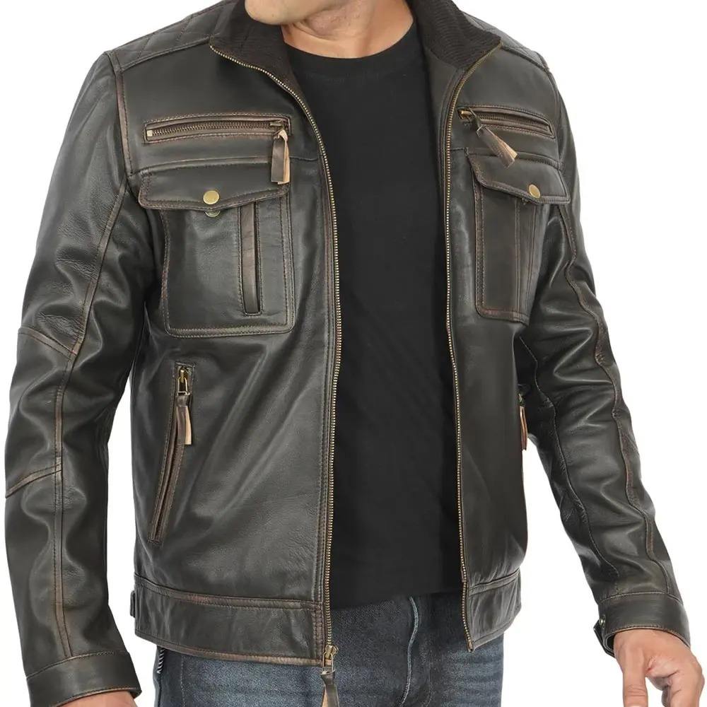 Men's Brown Genuine Leather Bomber Jacket