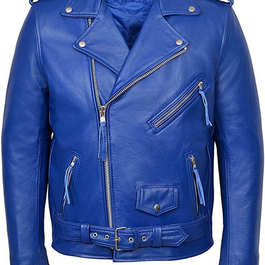 Men’s Royal Blue Genuine Leather Biker Jacket – Bold Streetwear with Belted Waist
