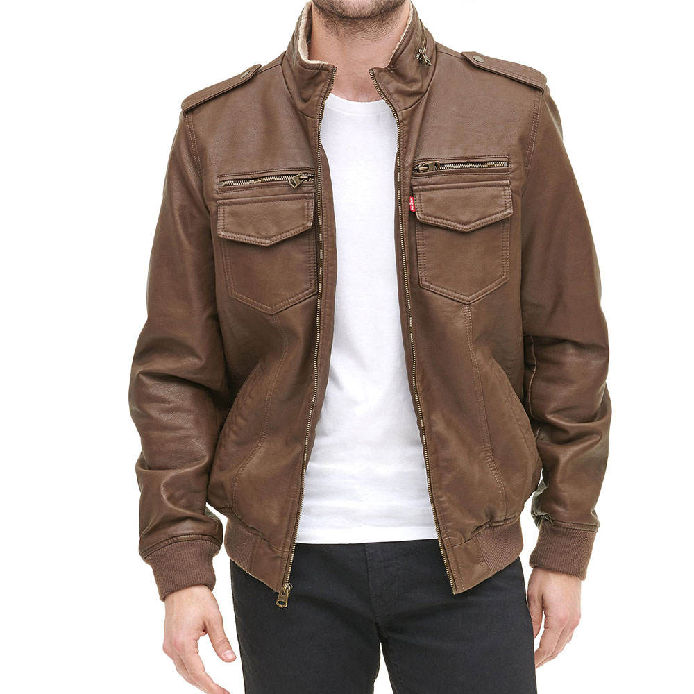Men's Brown Bomber Jacket with Sherpa Lining – Military Style Faux Leather