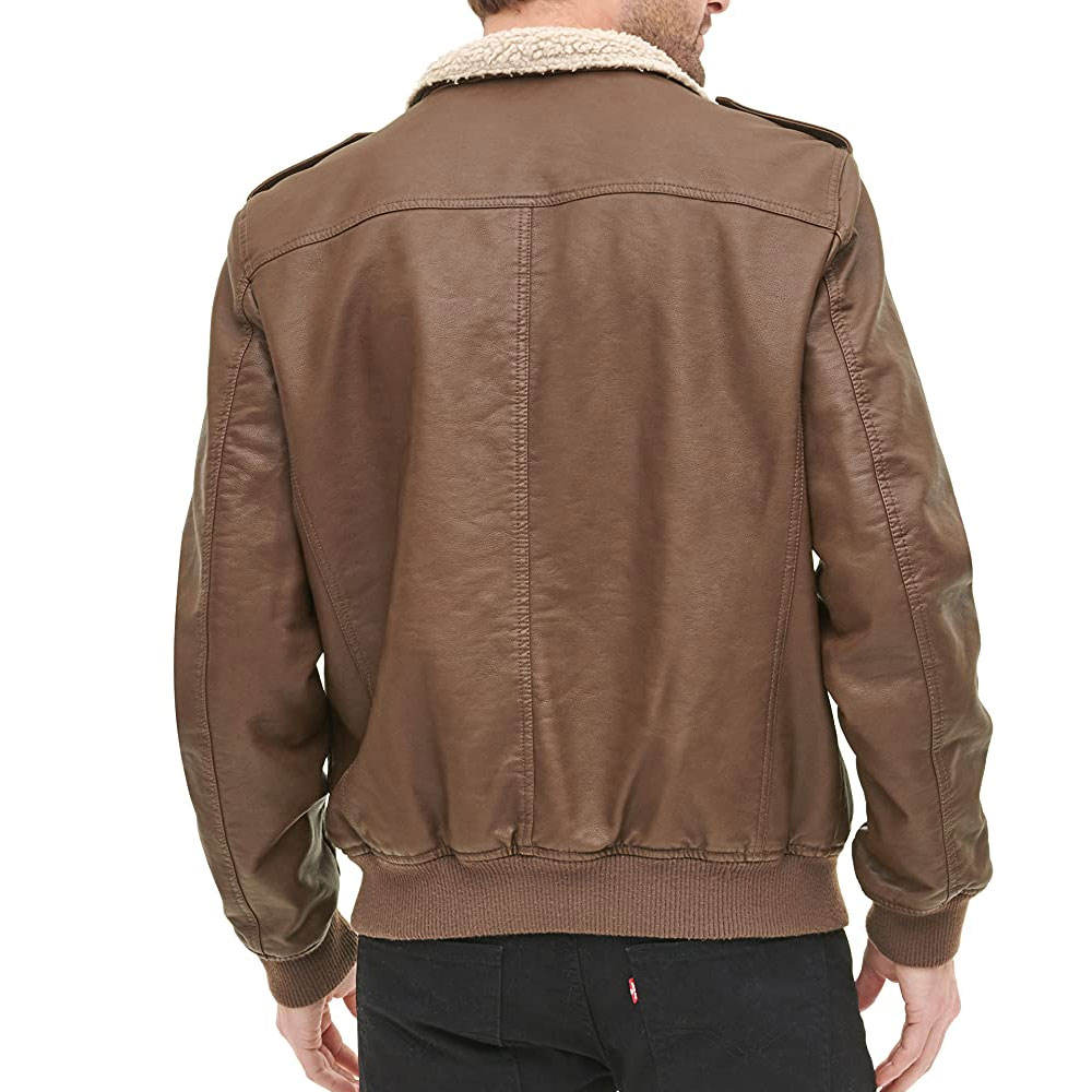 Men's Brown Bomber Jacket with Sherpa Lining – Military Style Faux Leather