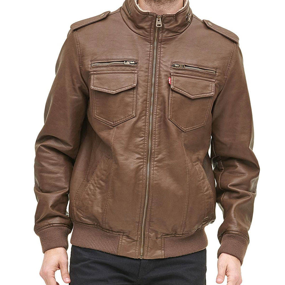 Men's Brown Bomber Jacket with Sherpa Lining – Military Style Faux Leather