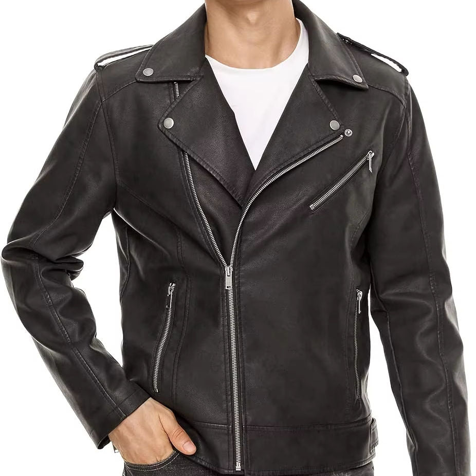 Men’s Classic Black Faux Leather Moto Biker Jacket