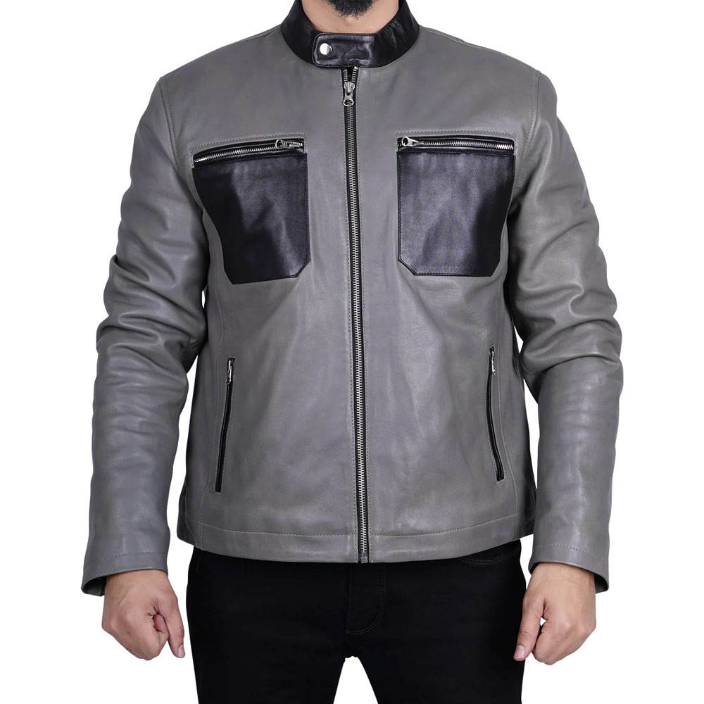 Men’s Grey Leather Jacket with Black Contrast Pockets