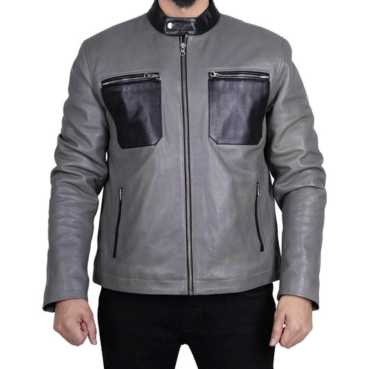 Men’s Grey Leather Jacket with Black Contrast Pockets