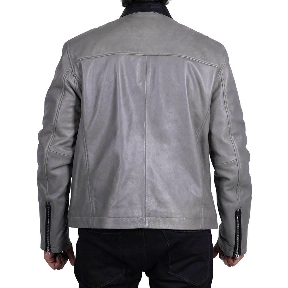 Men’s Grey Leather Jacket with Black Contrast Pockets