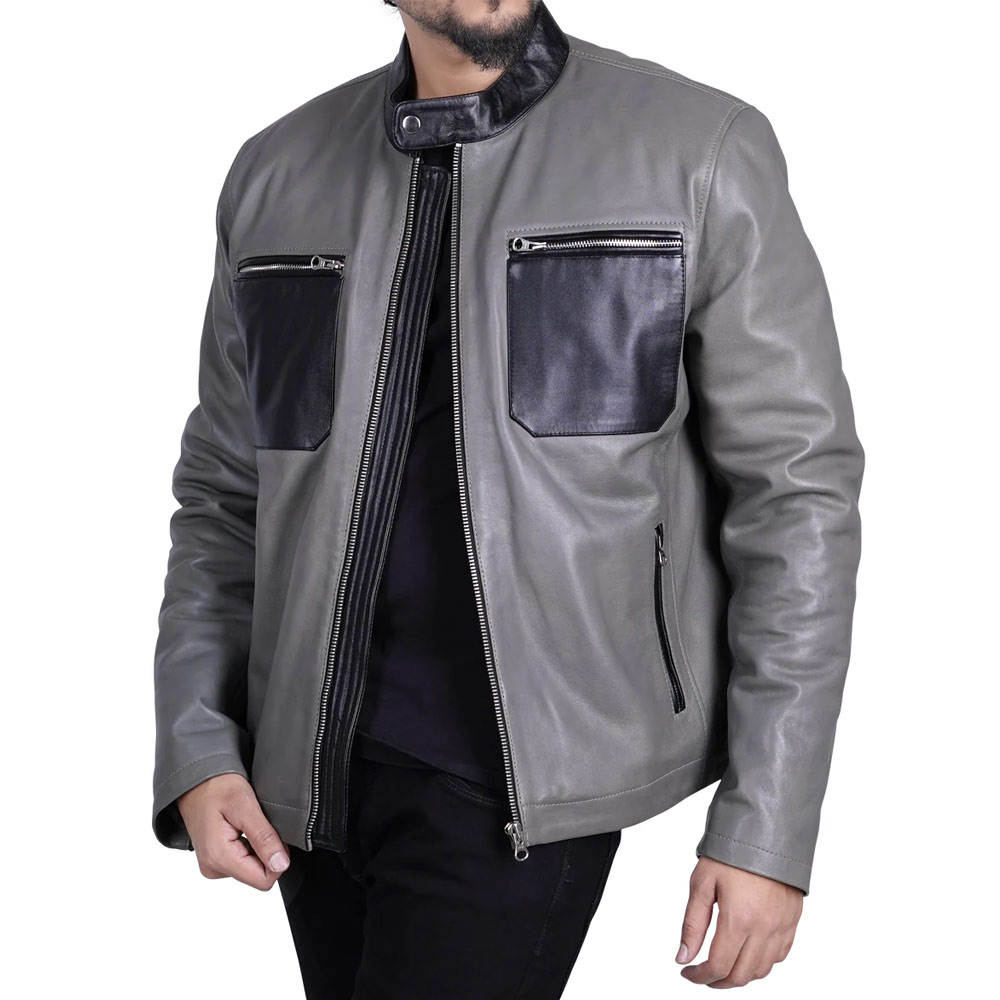 Men’s Grey Leather Jacket with Black Contrast Pockets