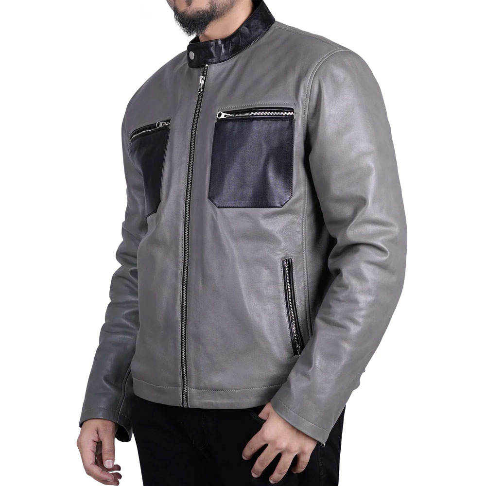 Men’s Grey Leather Jacket with Black Contrast Pockets