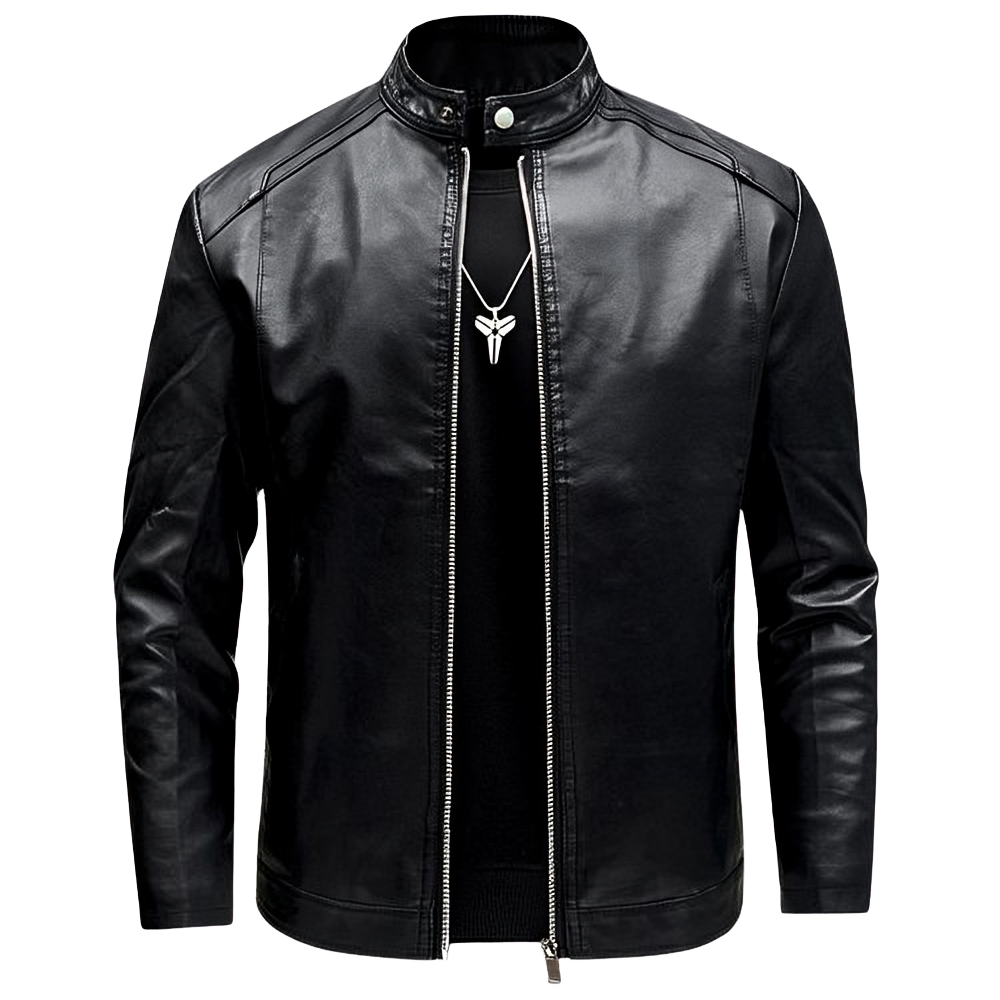 Men’s Black Stand Collar Leather Jacket – Casual Slim Fit