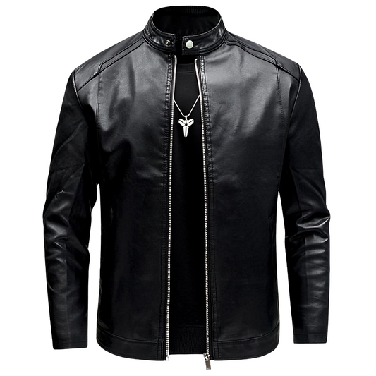 Men’s Black Stand Collar Leather Jacket – Casual Slim Fit