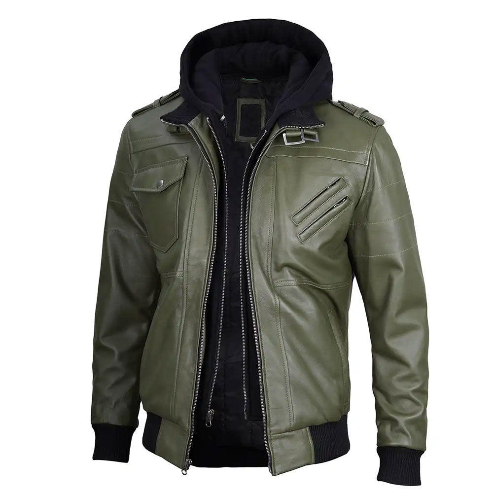 Men's Hooded Leather Bomber Jacket