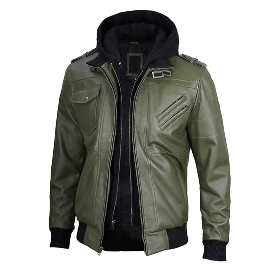 Men's Hooded Leather Bomber Jacket