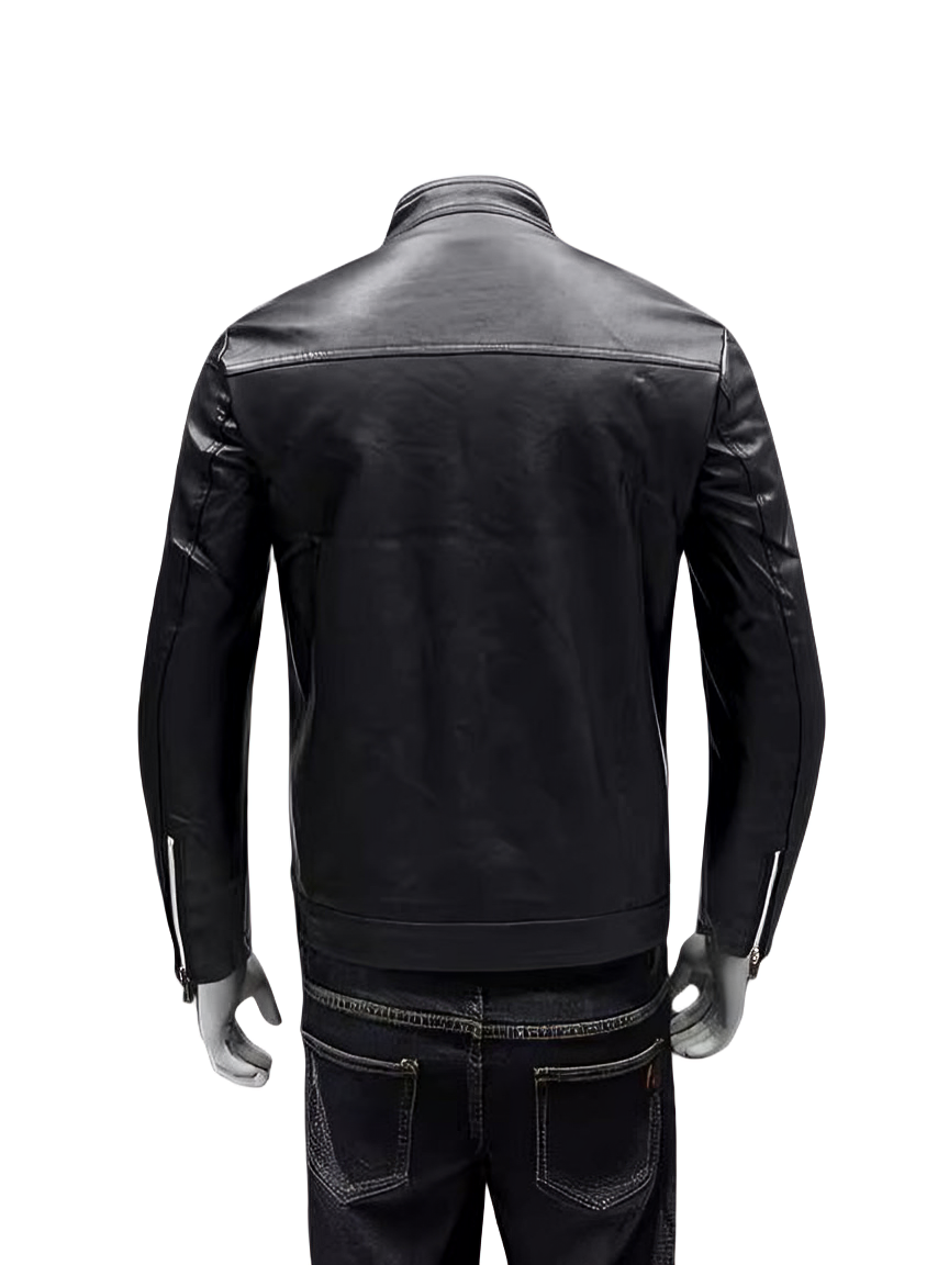 Men’s Black Stand Collar Leather Jacket – Casual Slim Fit