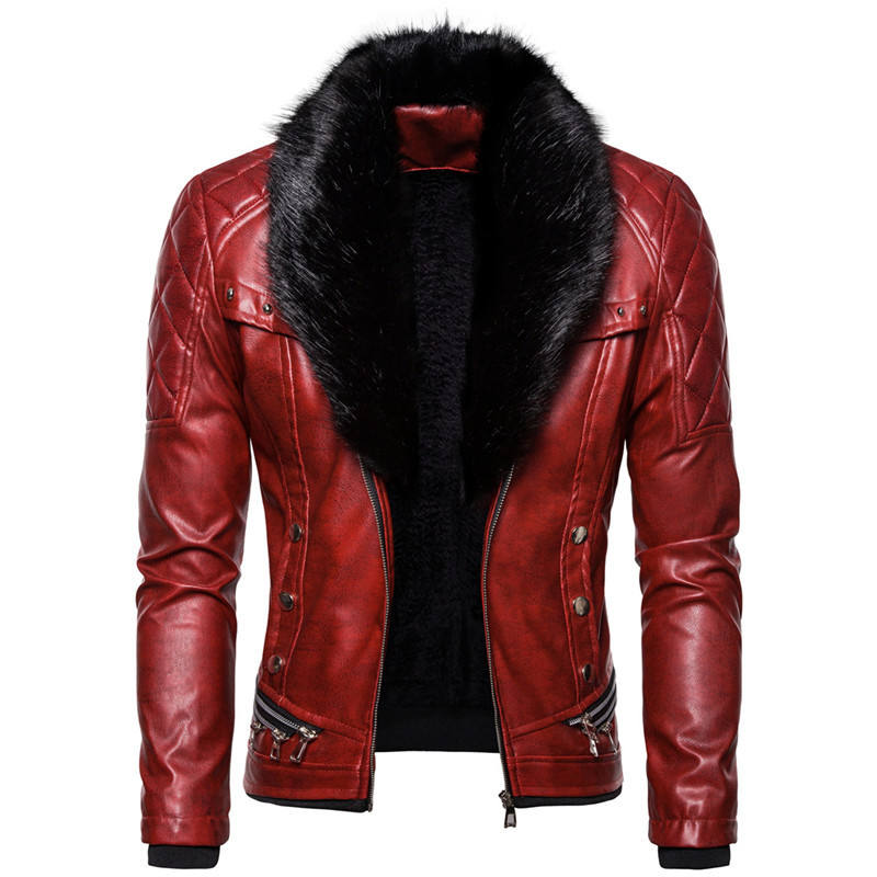 Men's Red Leather Jacket with Black Fur Collar
