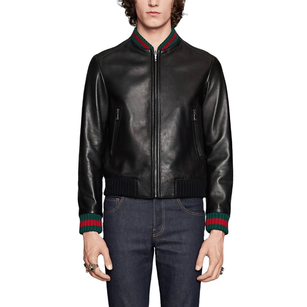 Men's Luxury Leather Bomber Jacket with Ribbed Details
