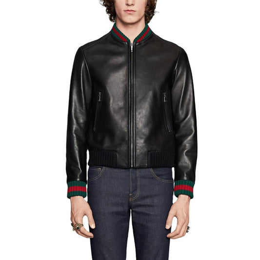 Men's Luxury Leather Bomber Jacket with Ribbed Details