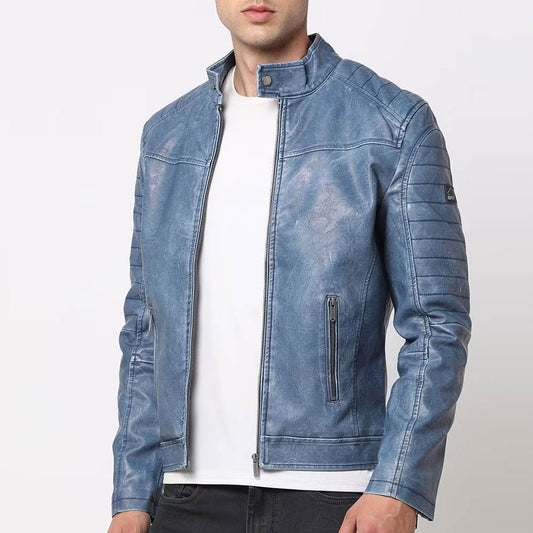 Men's Blue Faux Leather Biker Jacket – Slim Fit