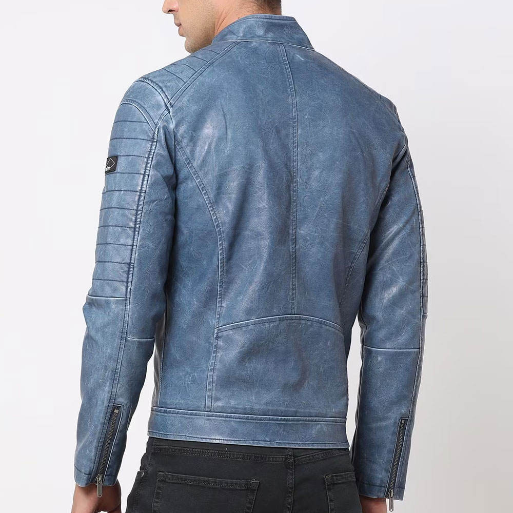 Men's Blue Faux Leather Biker Jacket – Slim Fit