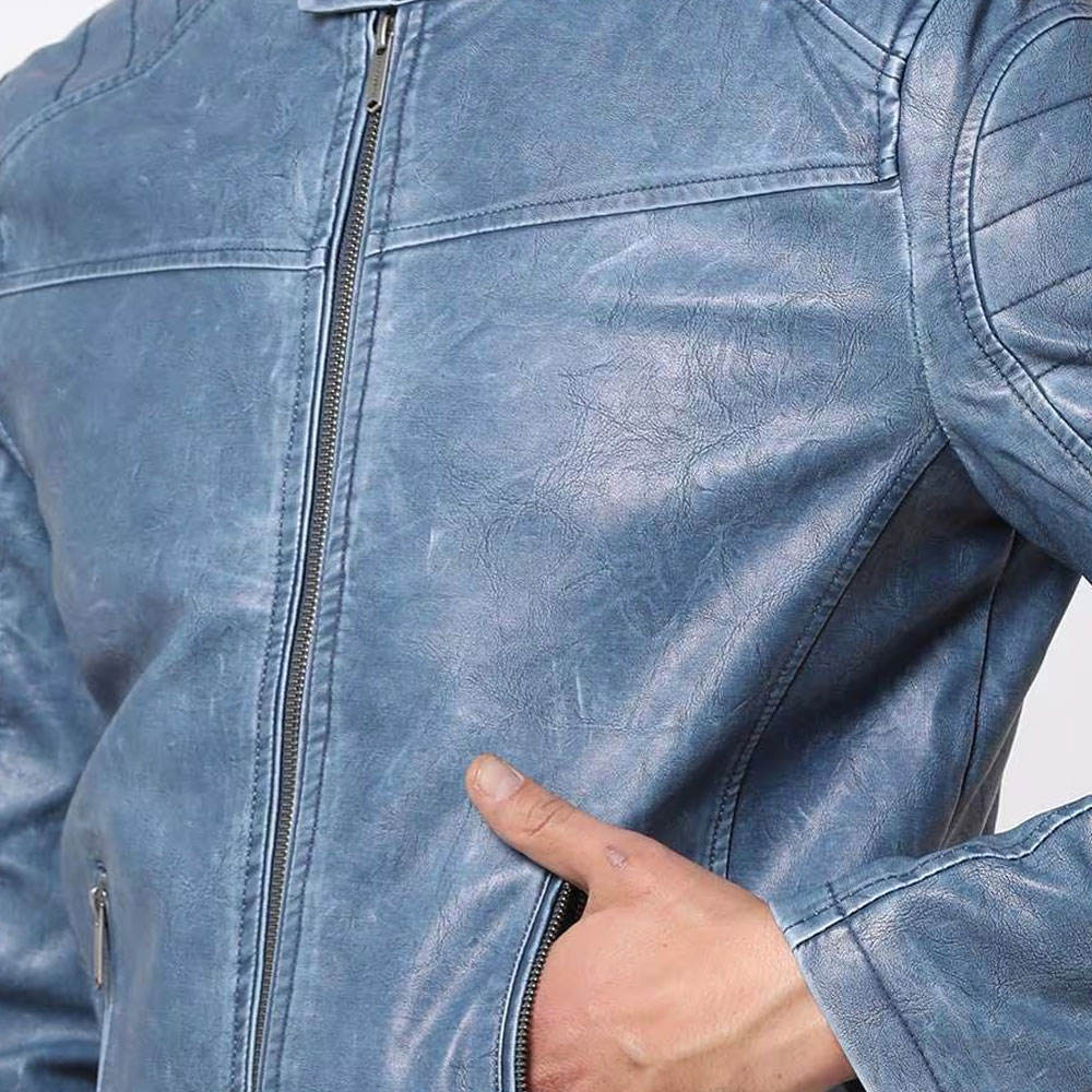 Men's Blue Faux Leather Biker Jacket – Slim Fit