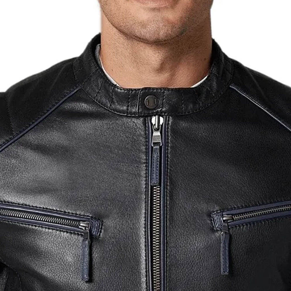 Men's Premium Black Leather Jacket – Racer Style with Stylish Zip Details