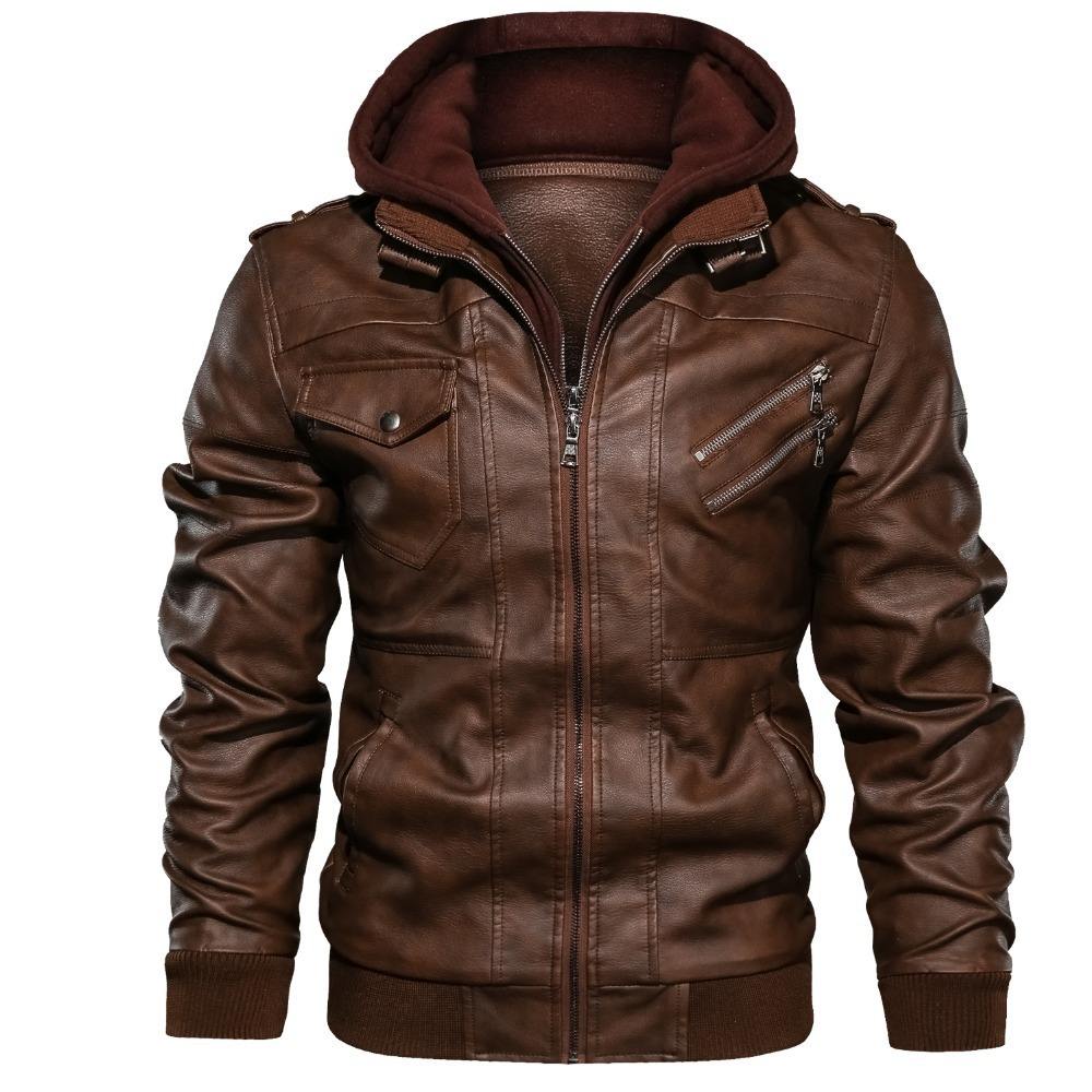 Men’s Brown Faux Leather Jacket with Hood – Casual & Stylish Outerwear