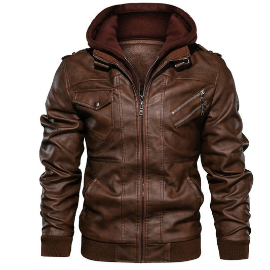 Men’s Brown Faux Leather Jacket with Hood – Casual & Stylish Outerwear