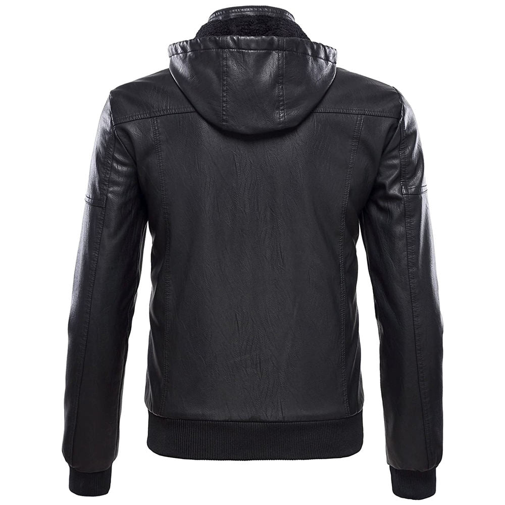 Men’s Black Leather Jacket with Hoodie – Casual & Trendy