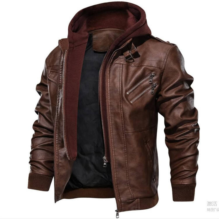 Men’s Brown Faux Leather Jacket with Hood – Casual & Stylish Outerwear