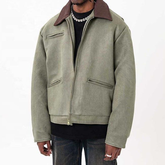 Men's Two-Tone Suede Bomber Jacket - Casual Urban Style