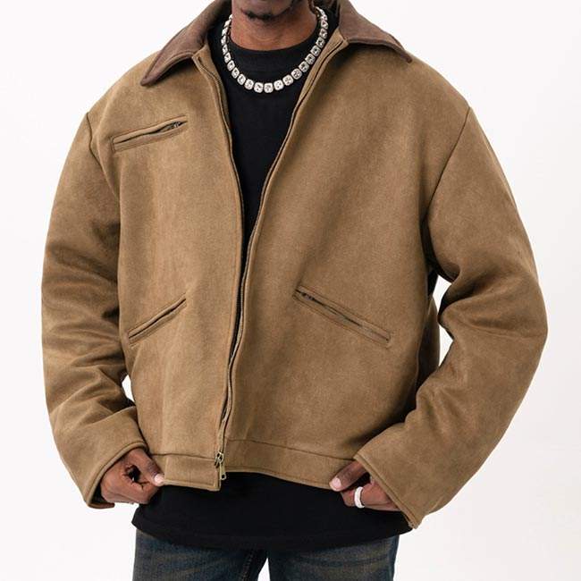 Men's Two-Tone Suede Bomber Jacket - Casual Urban Style