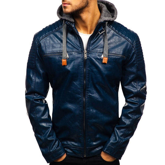 Men's Blue Faux Leather Moto Jacket with Hood – Urban Street Style