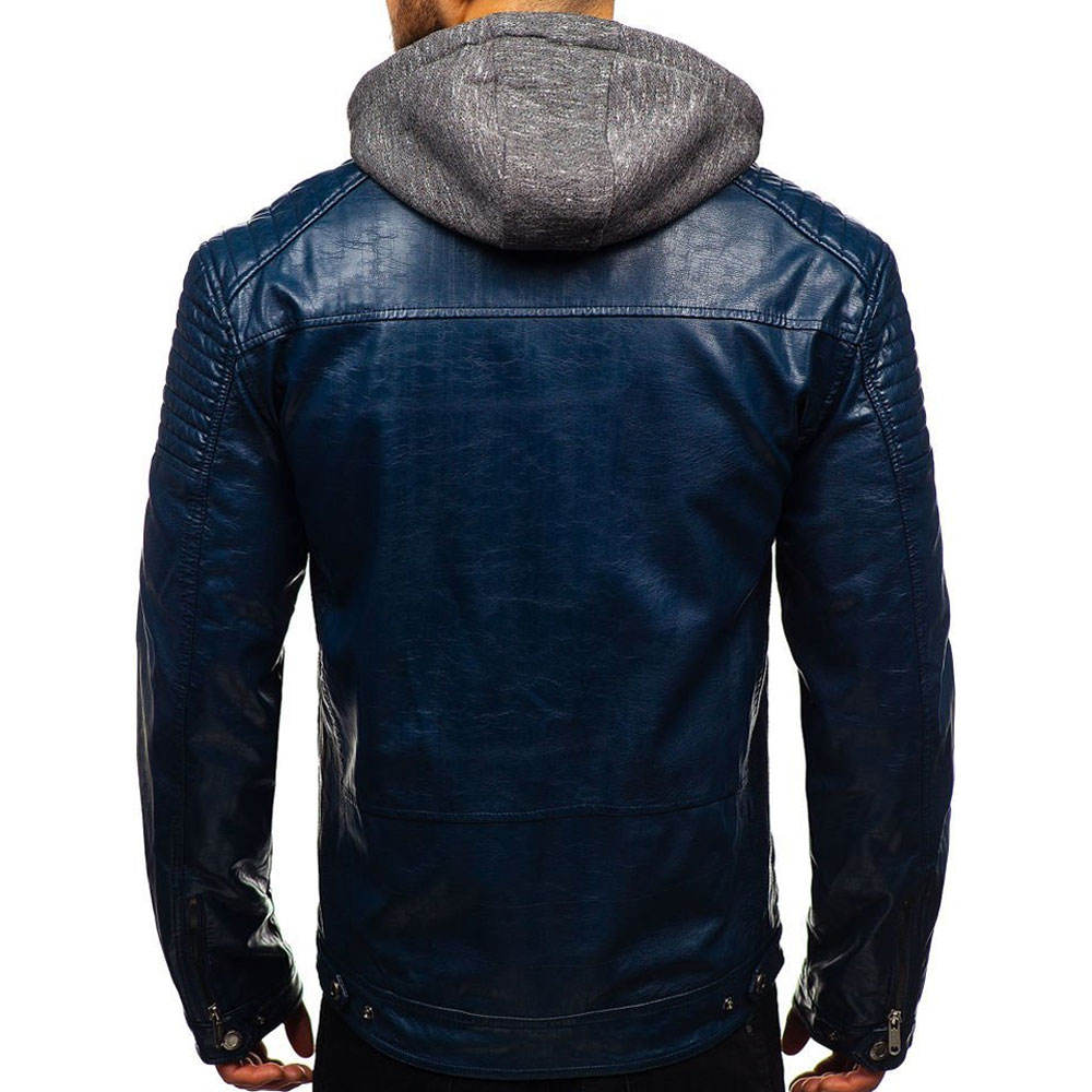 Men's Blue Faux Leather Moto Jacket with Hood – Urban Street Style