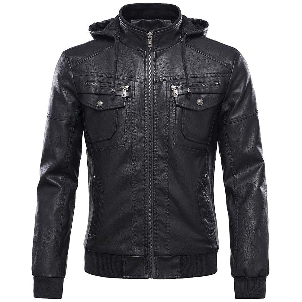 Men's Black Faux Leather Hoodie Jacket
