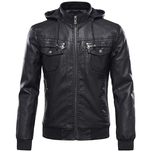 Men's Black Faux Leather Hoodie Jacket