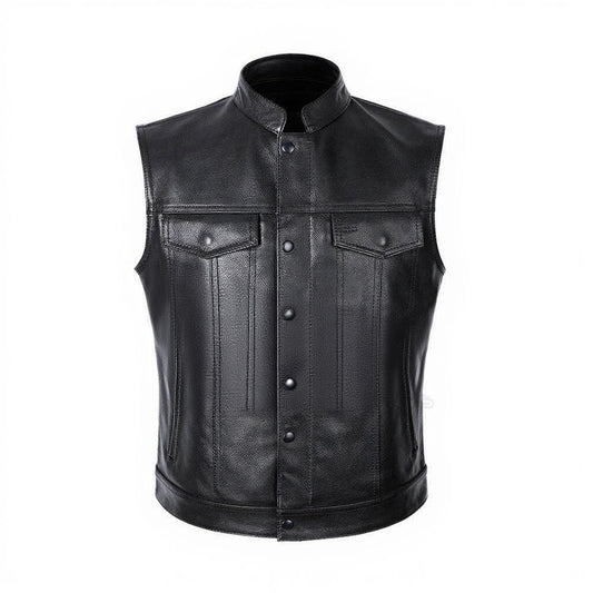 Men's Premium Black Leather Motorcycle Vest – Stylish & Durable Biker Gear