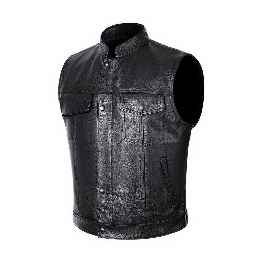 Men's Premium Black Leather Motorcycle Vest – Stylish & Durable Biker Gear