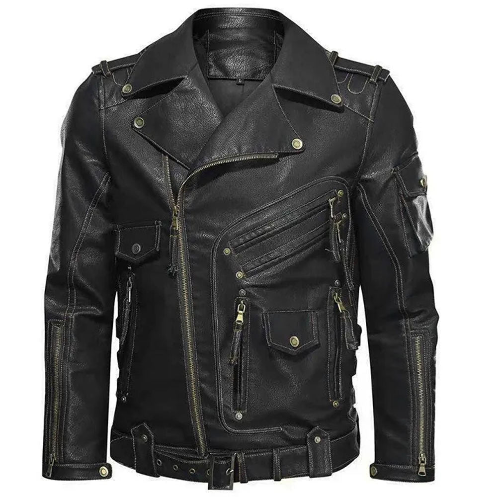 Premium Black Leather Biker Jacket with Zipper Details