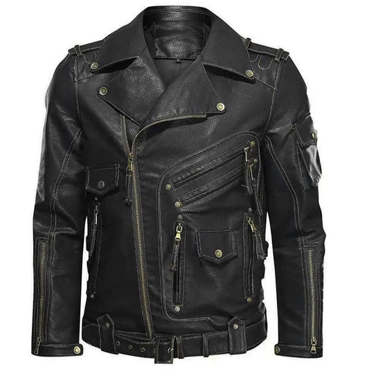 Premium Black Leather Biker Jacket with Zipper Details