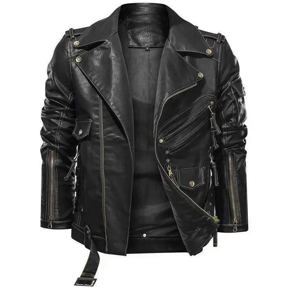 Premium Black Leather Biker Jacket with Zipper Details