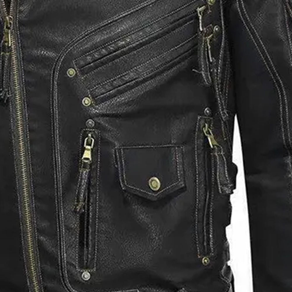 Premium Black Leather Biker Jacket with Zipper Details