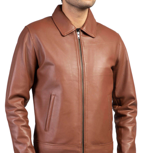 Classic Tan Leather Bomber Jacket