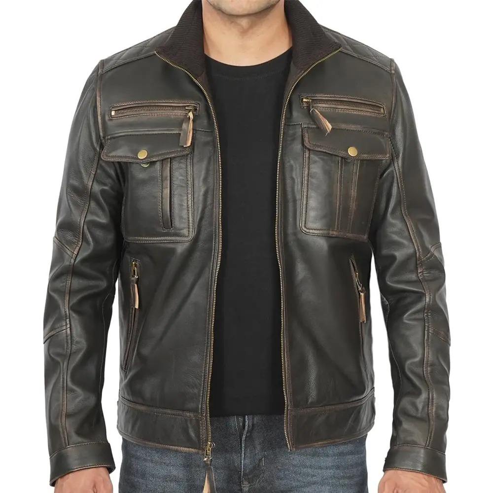Men's Premium Brown Leather Jacket with Functional Pockets – Style
