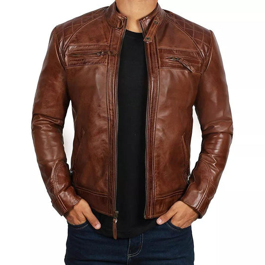 Men's Brown Leather Biker Jacket – Premium Distressed Finish