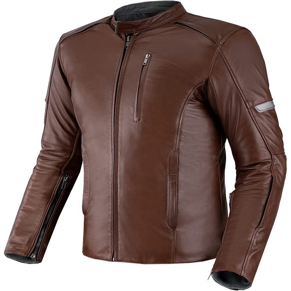 Brown Leather Motorcycle Jacket with Zipper Details