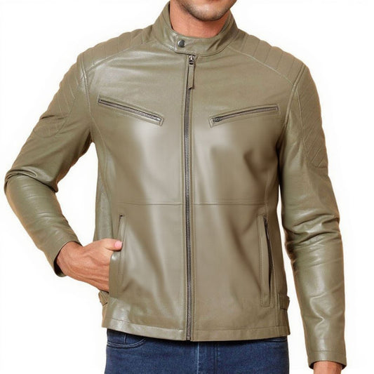 Stylish Men's Olive Green Leather Jacket - Premium Fashion Outerwear