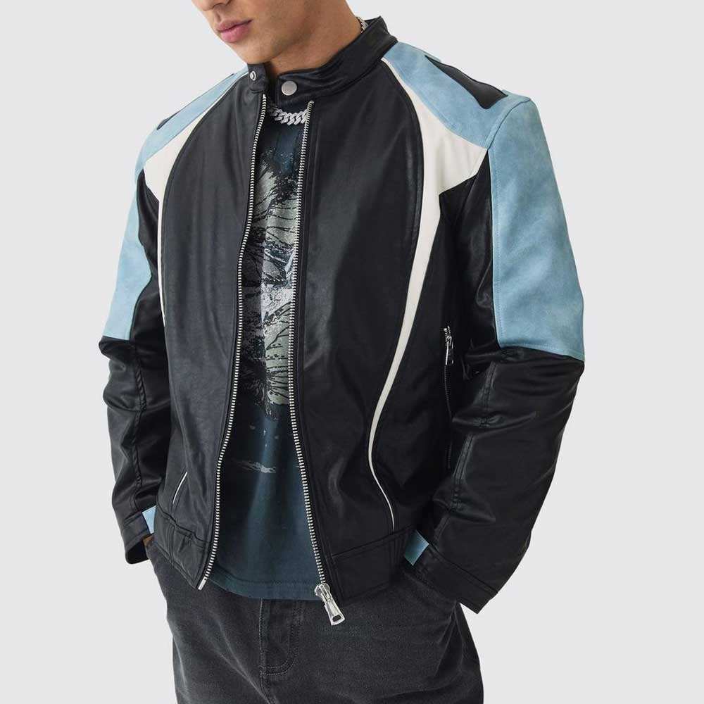 Men's Black & Blue Color-Block Leather Biker Jacket