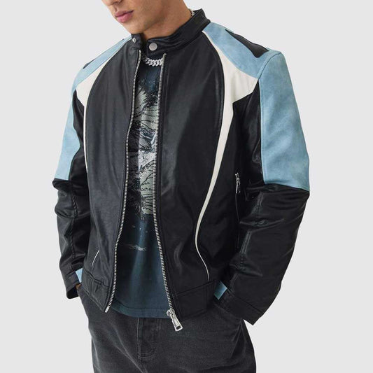 Men's Black & Blue Color-Block Leather Biker Jacket